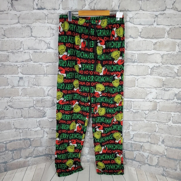 Dr Seuss Merry Grinchmas Fleecy Lounge PJ Pants Black Red Green Size Medium - Picture 1 of 9